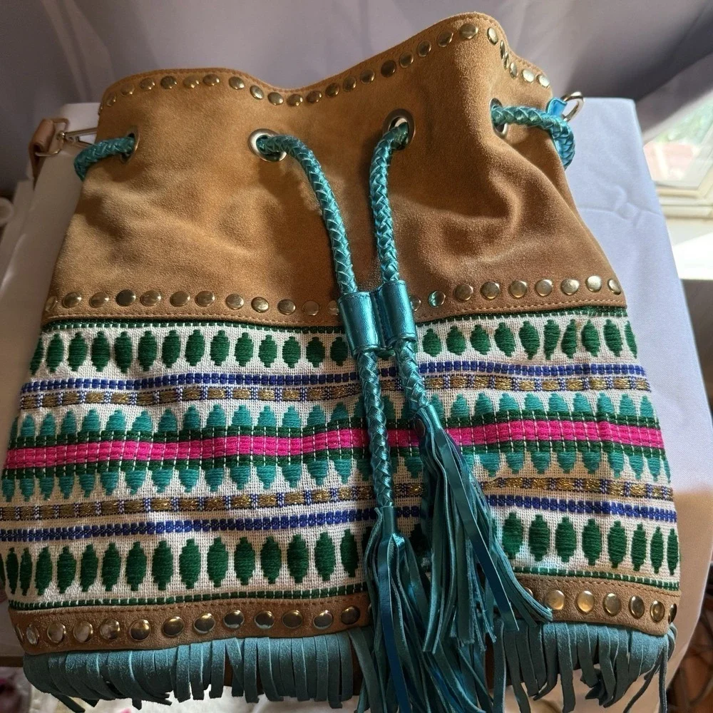 PITI CUITI Boho Suede Fringe Drawstring Large Bucket Multicolor Bag Made France